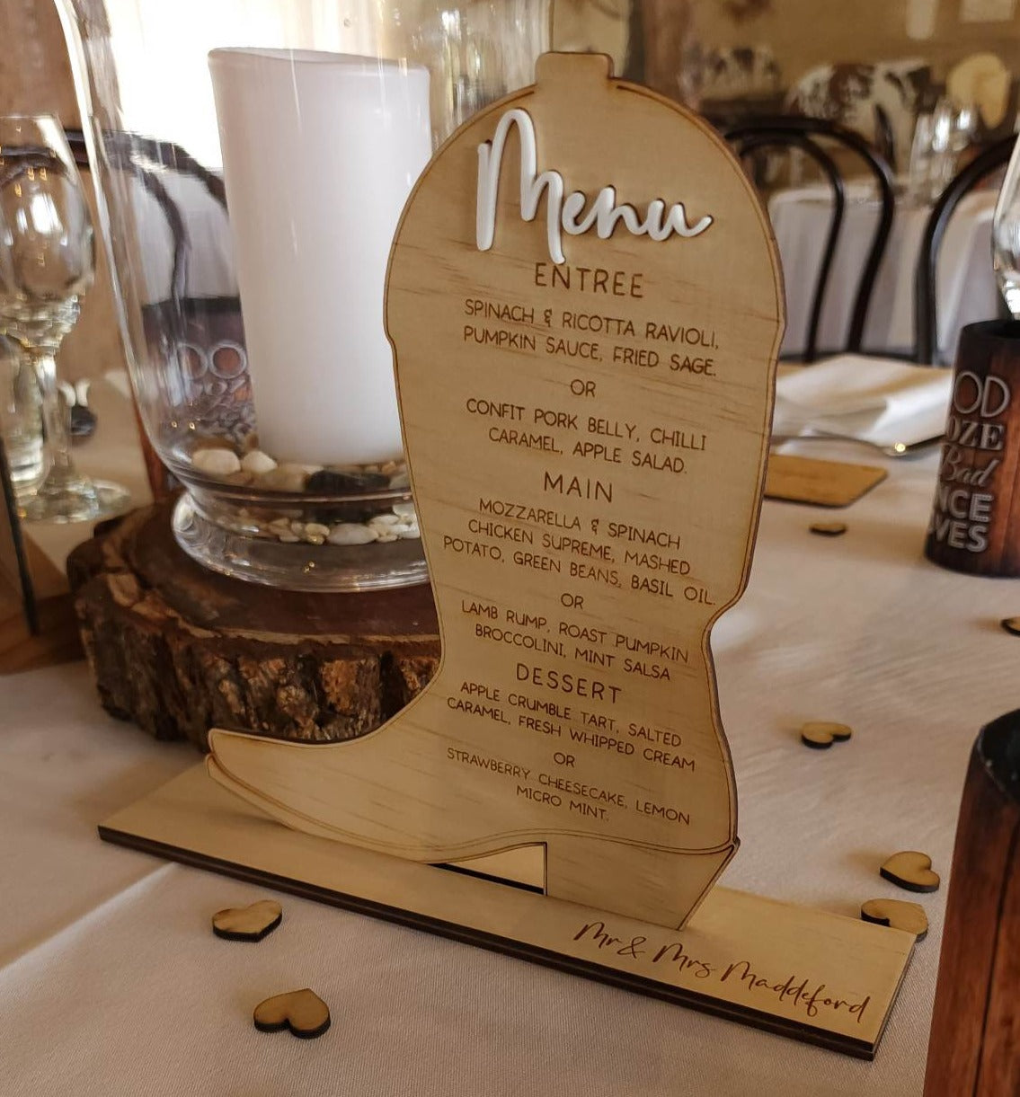 Custom timber table menu with stand