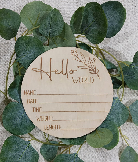 Hello World Birth Announcement plaque - Botanical